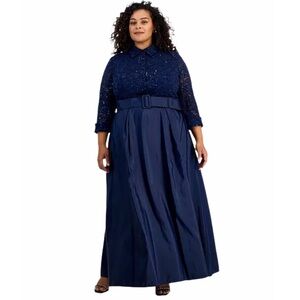 Alex Evenings Navy Plus Size 3/4-Sleeve A-Line Formal Lace Belted Gown 20W New